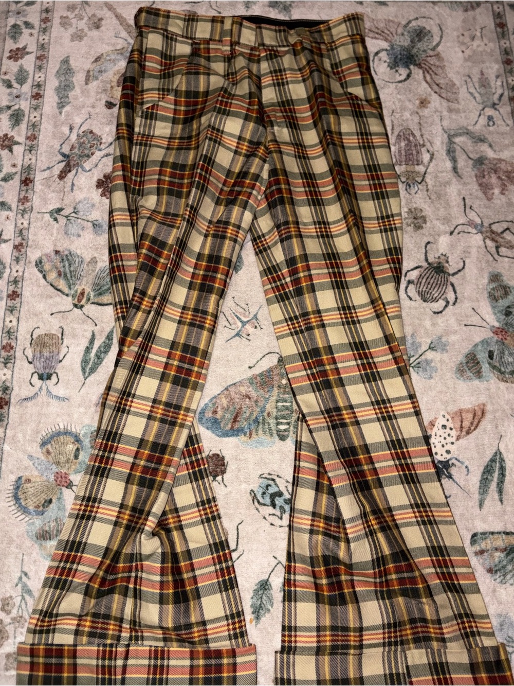 Vintage 1970s Farah Tan & Red Plaid Cuffed Wide Flare Trousers 34